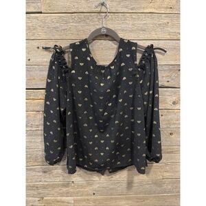 Lauren Conrad Women L Bumble Bee Print Ruffle Cold Shoulder Button‎ Back Blouse